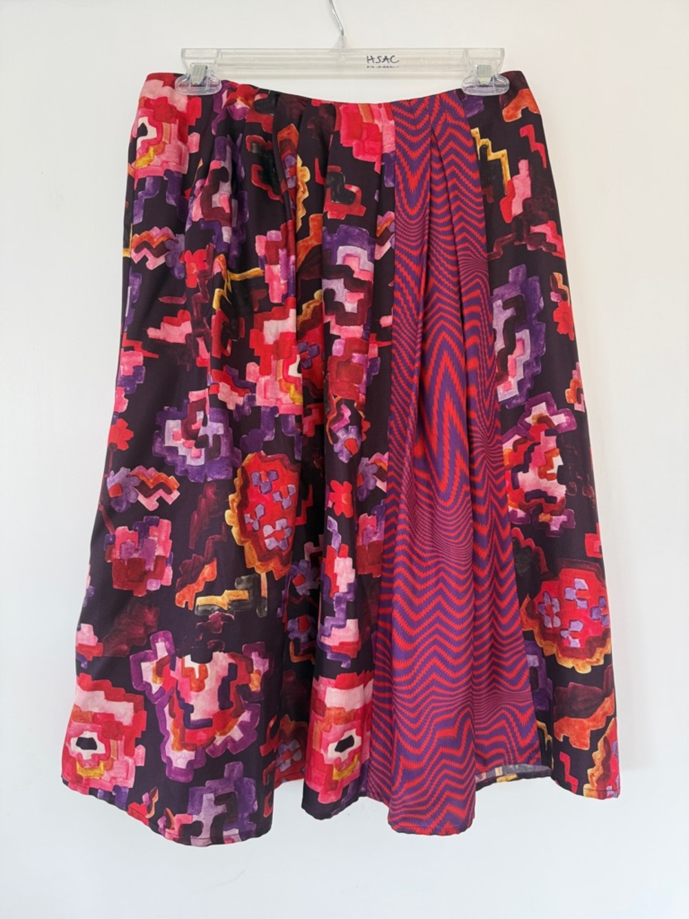 Raquel Allegra 100% Silk Multicolor Midi Skirt in Red, Purple, Pink